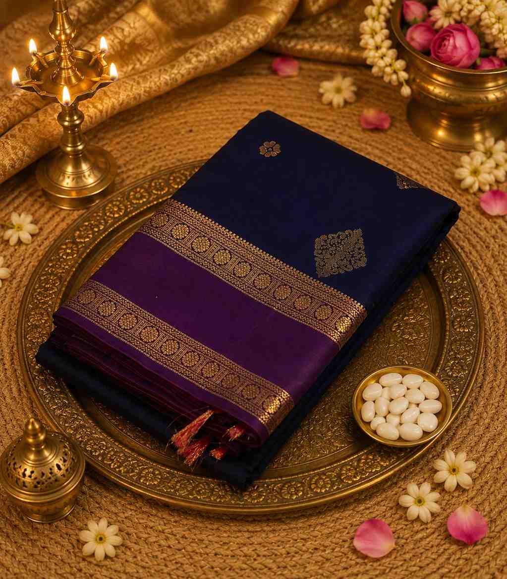 2214 Navy Blue & Purple Kanchipuram Semi Silk Saree with Gold Zari Butta & Traditional Border
