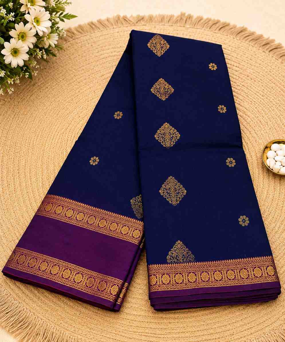 2214 Navy Blue & Purple Kanchipuram  Semi  Silk Saree with Gold Zari Butta & Traditional Border