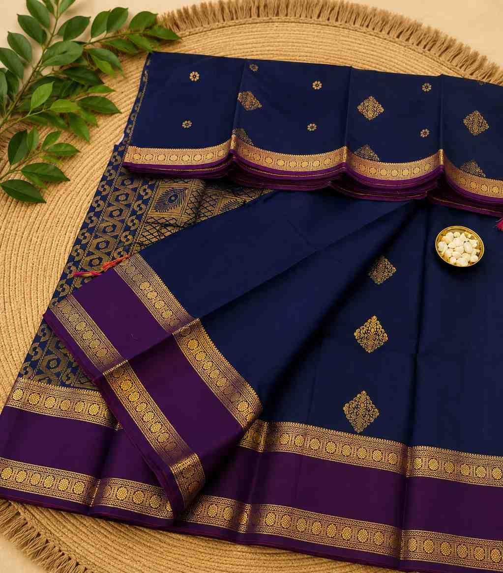 2214 Navy Blue & Purple Kanchipuram  Semi  Silk Saree with Gold Zari Butta & Traditional Border