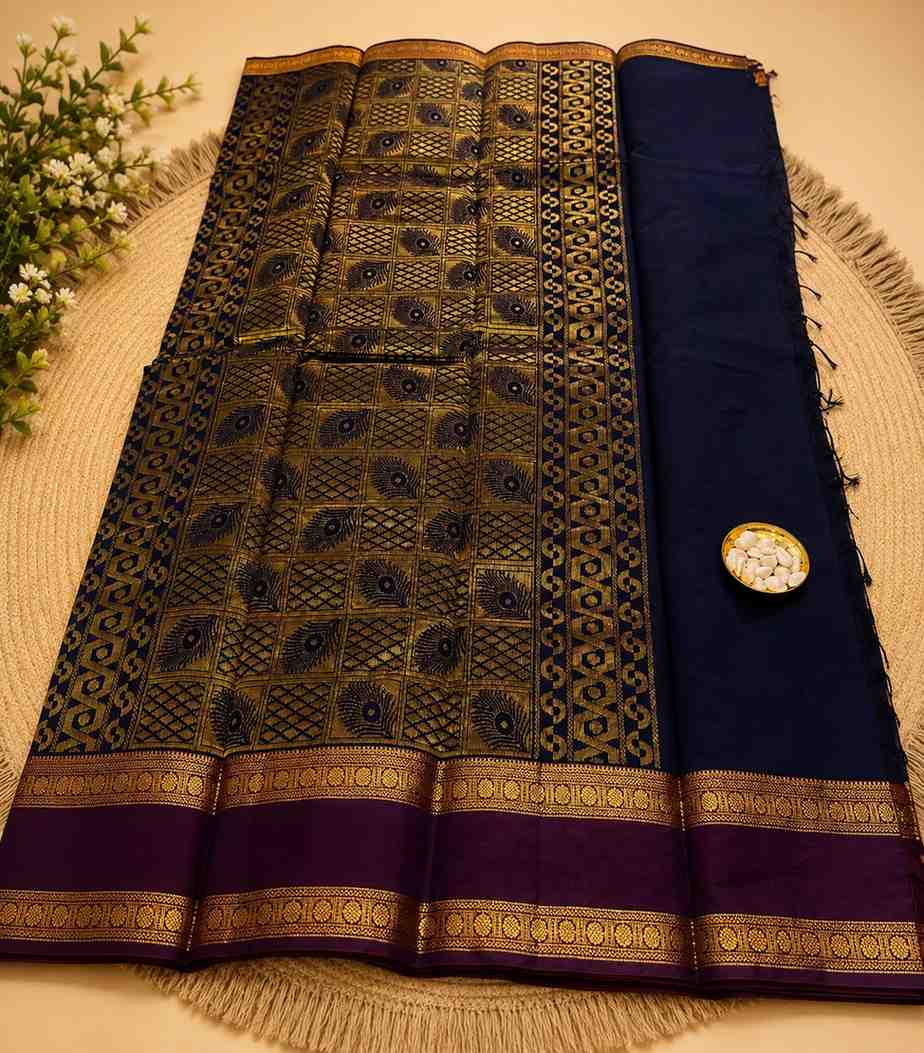 2214 Navy Blue & Purple Semi Kanchipuram Silk Saree with Gold Zari Butta & Traditional Border
