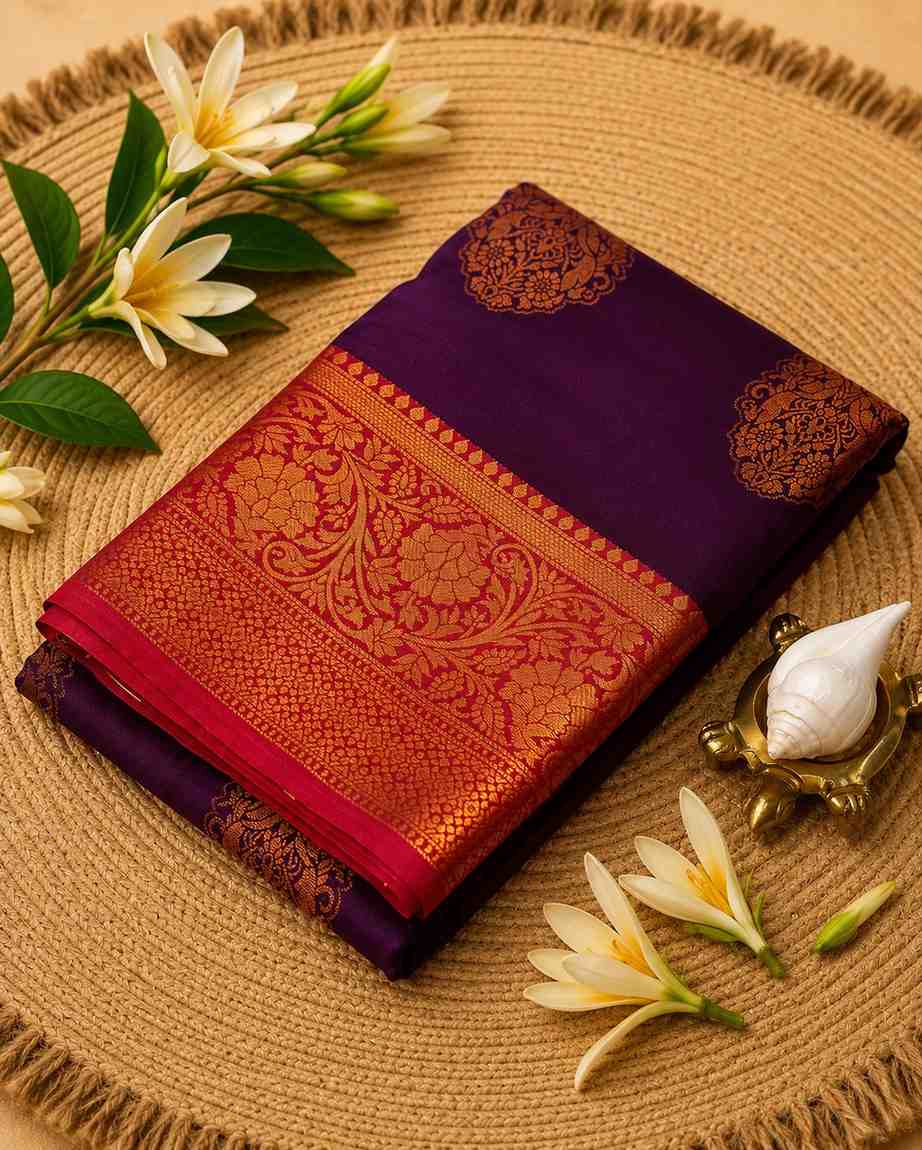 2215 Deep Purple Semi Silk Saree with a Red and Gold Zari Border