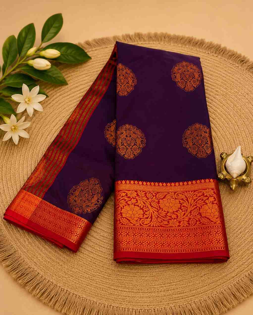 2215 Deep Purple Semi Silk Saree with a Red and Gold Zari Border