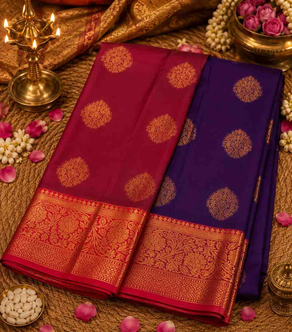 2215 Deep Purple Semi Silk Saree with a Red and Gold Zari Border