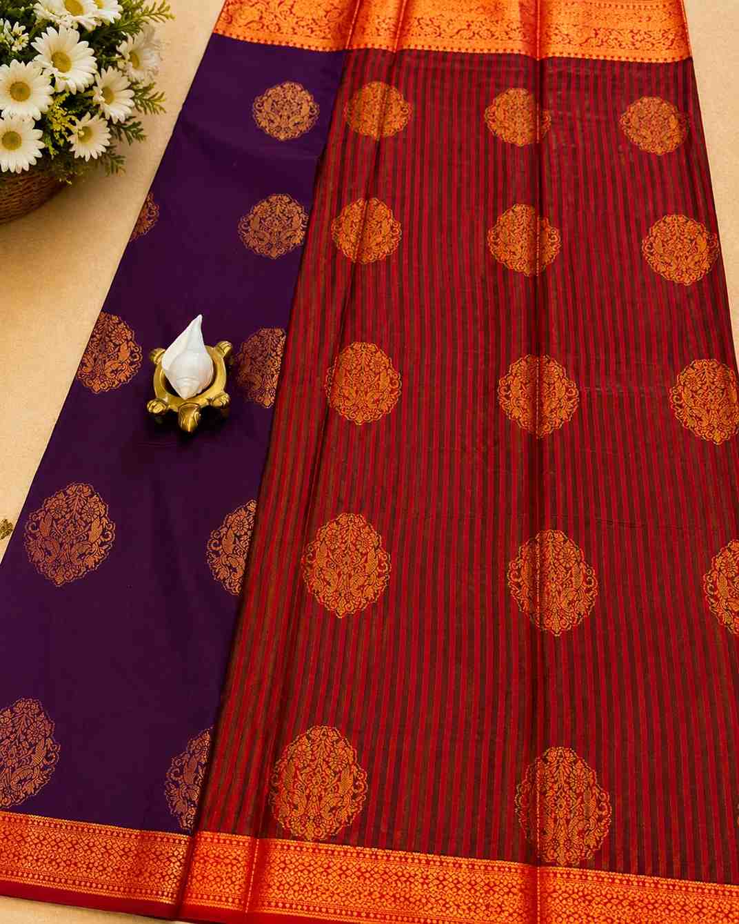 2215 Deep Purple Kanchipuram Semi silk Saree with a Red and Gold Zari Border