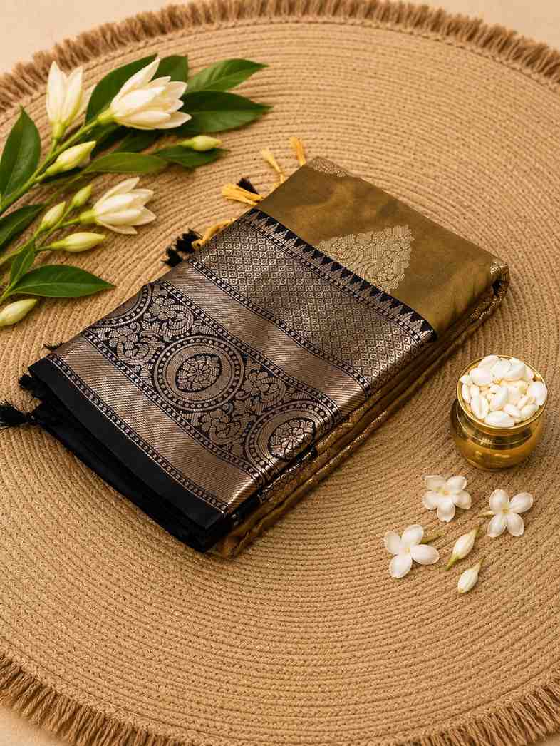 2216 Classic Olive Green Kanchipuram Semi Silk Saree with Contrast Zari Work