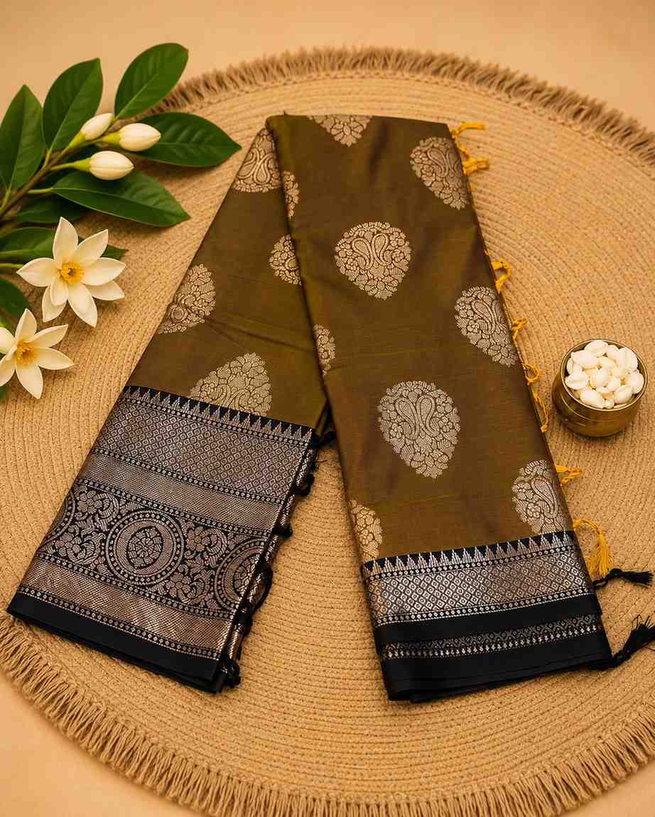 2216 Classic Olive Green Kanchipuram Semi Silk Saree with Contrast Zari Work