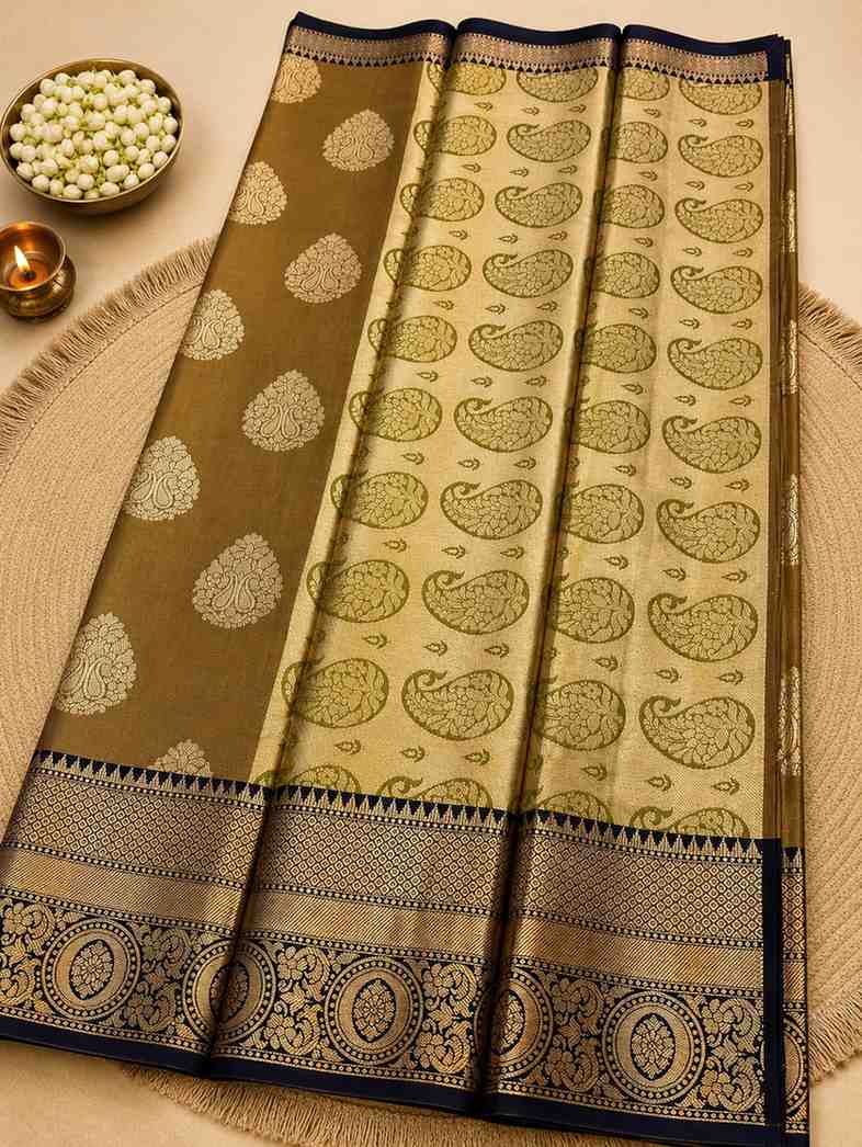 2216 Classic Olive Green Kanchipuram Semi Silk Saree with Contrast Zari Work