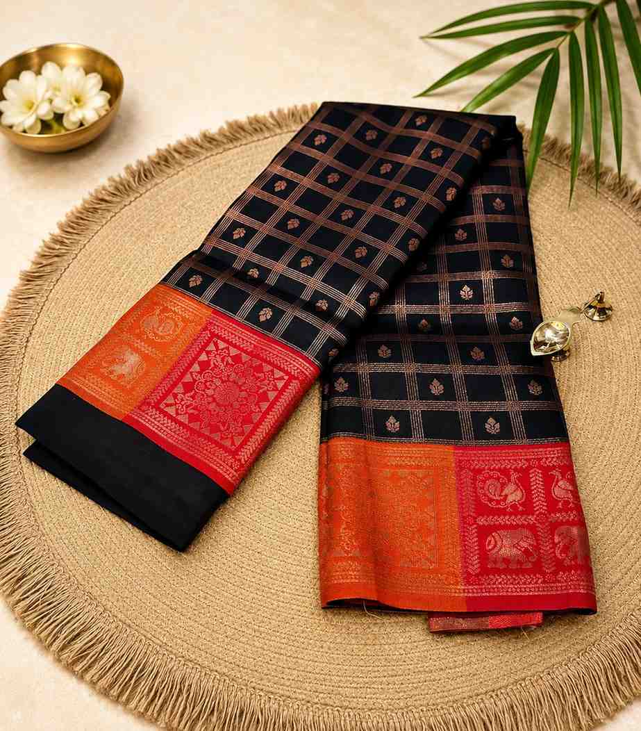 2217 Semi Silk Saree With Black Body with Gold Zari Checks and Red & Orange Contrast Border
