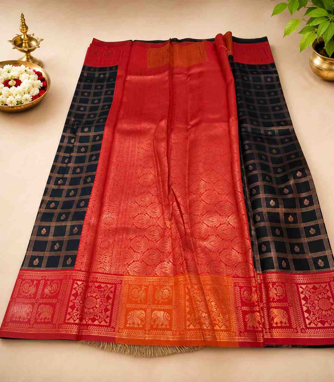 2217 Semi Silk Saree With Black Body with Gold Zari Checks and Red & Orange Contrast Border
