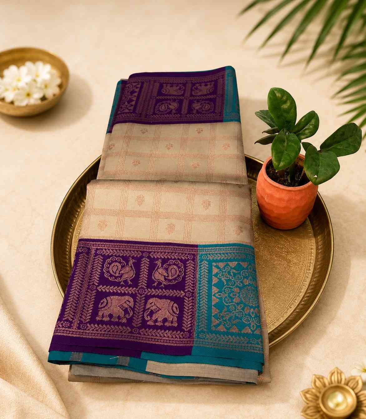 2218 Semi Silk Saree in Beige with Gold Zari Checks and Purple & Teal Contrast Border