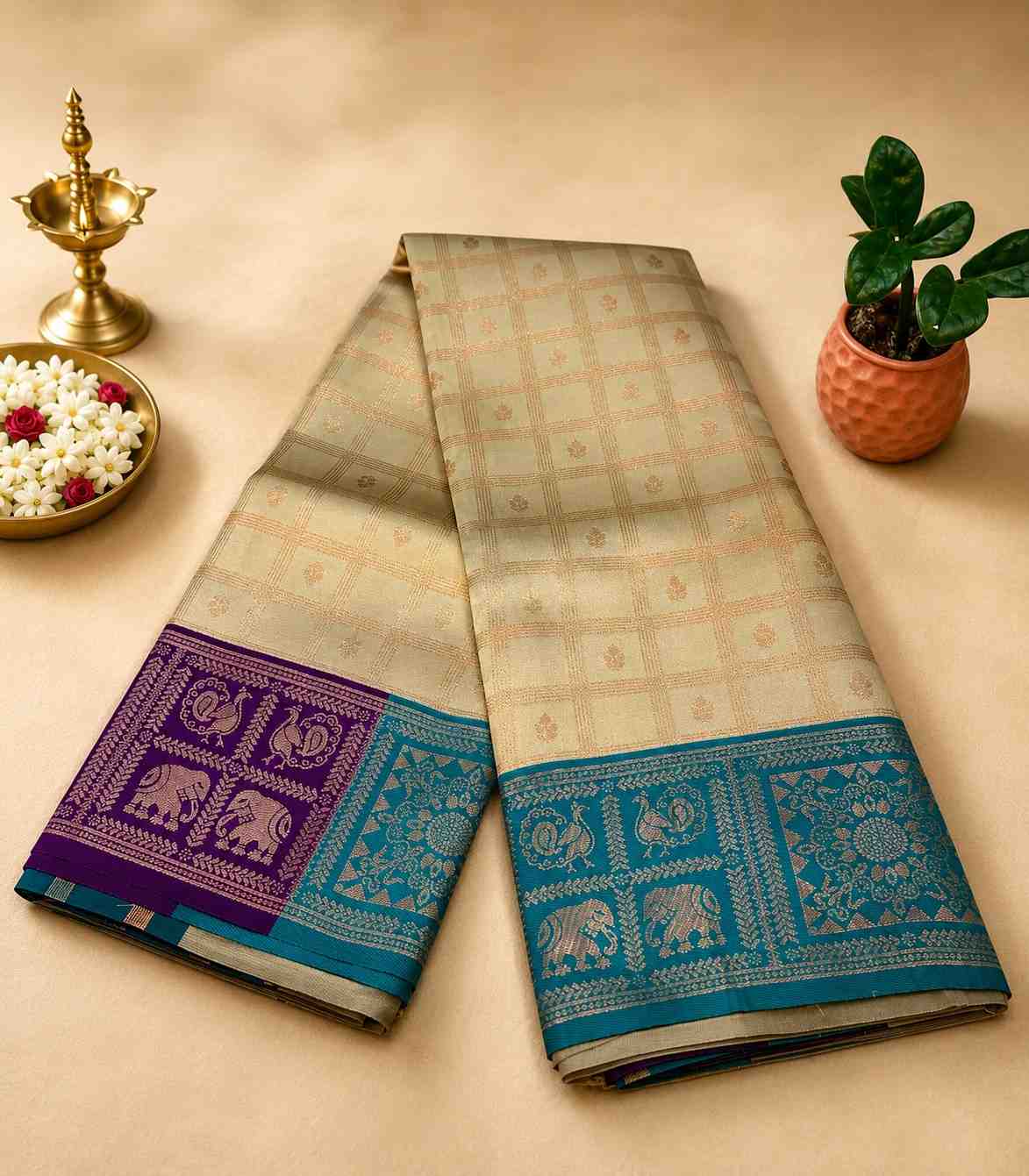 2218 Semi Silk Saree in Beige with Gold Zari Checks and Purple & Teal Contrast Border