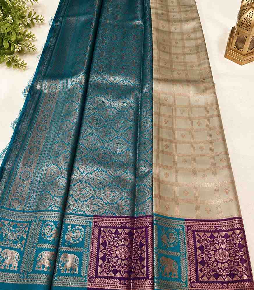 2218 Semi Silk Saree in Beige with Gold Zari Checks and Purple & Teal Contrast Border