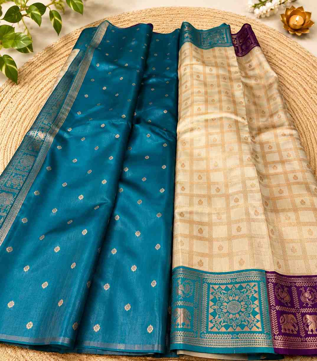 2218-semi-silk-saree-in-beige-with-gold-zari-checks-and-purple-teal-contrast-border