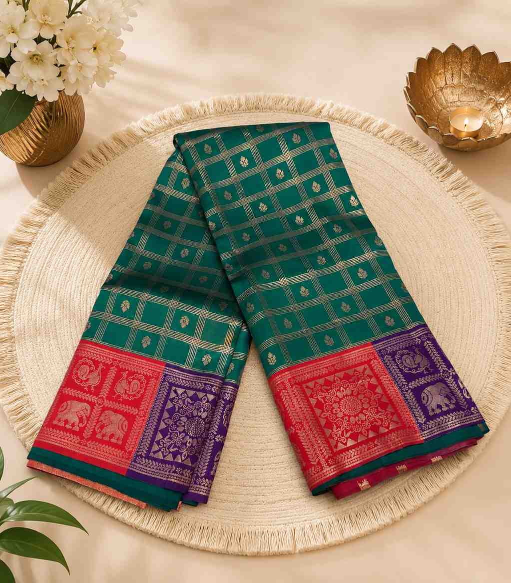 2219 Semi Silk Saree in Emerald Green with Gold Zari Checks and Purple & Red Contrast Border
