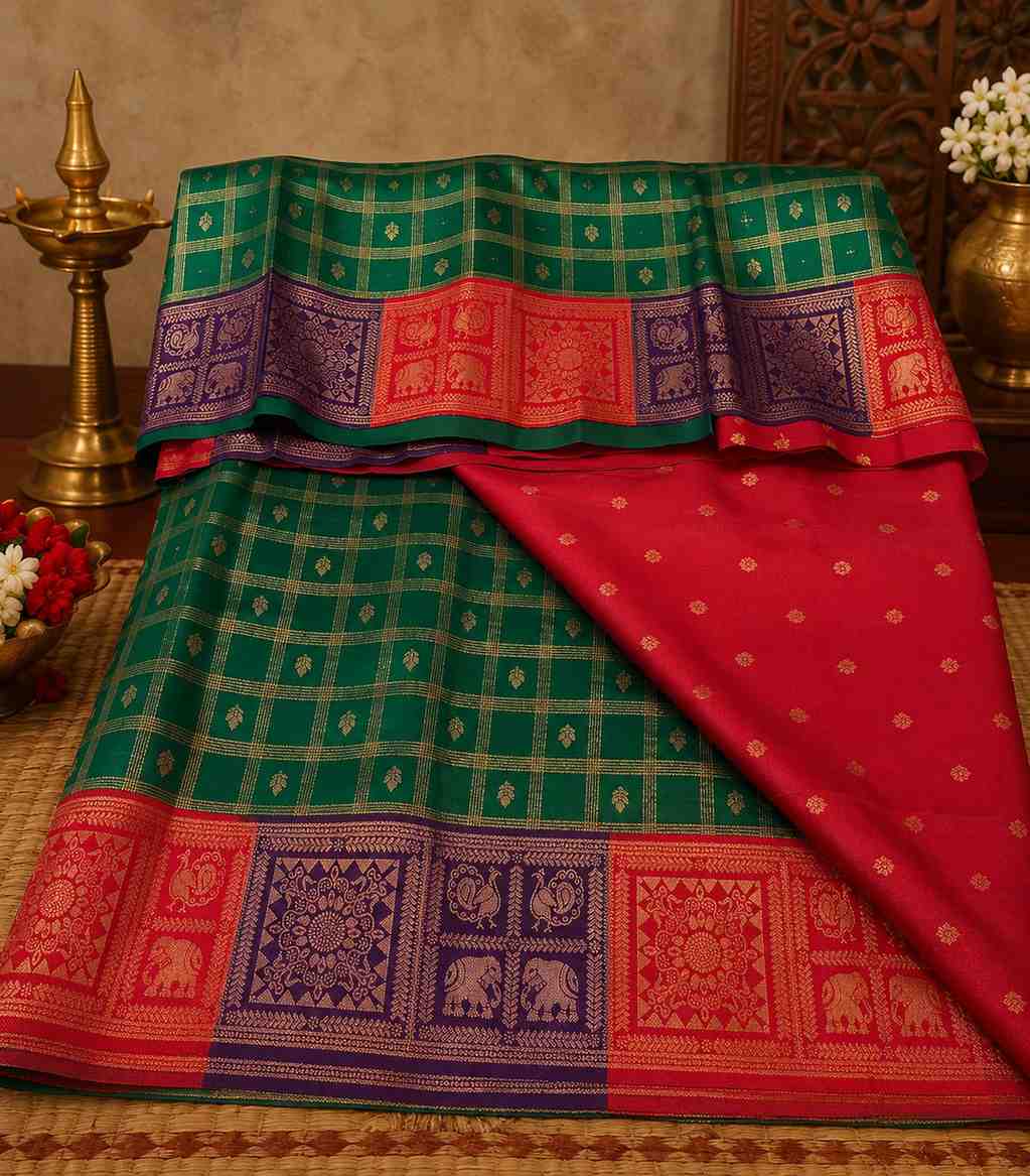 2219 Semi Silk Saree in Emerald Green with Gold Zari Checks and Purple & Red Contrast Border