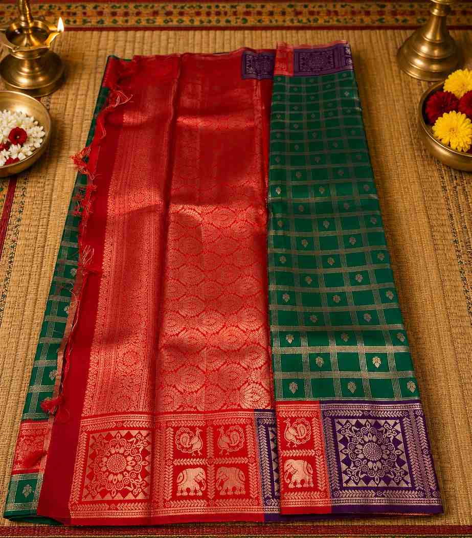 2219 Semi Silk Saree in Emerald Green with Gold Zari Checks and Purple & Red Contrast Border