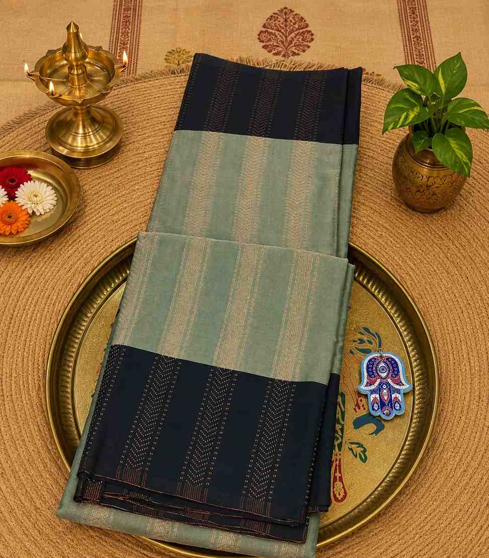 2221 Dual Tone Greyish Green Semi Silk Saree with Contrast Zari Border
