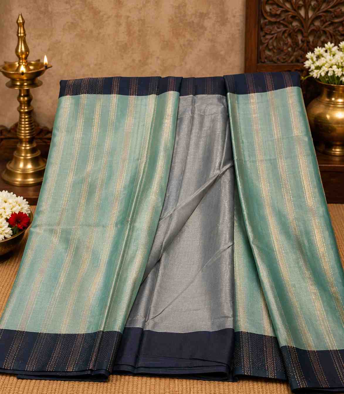 2221-dual-tone-semi-silk-saree-in-moss-green-and-contrast-ash-grey-silk-border