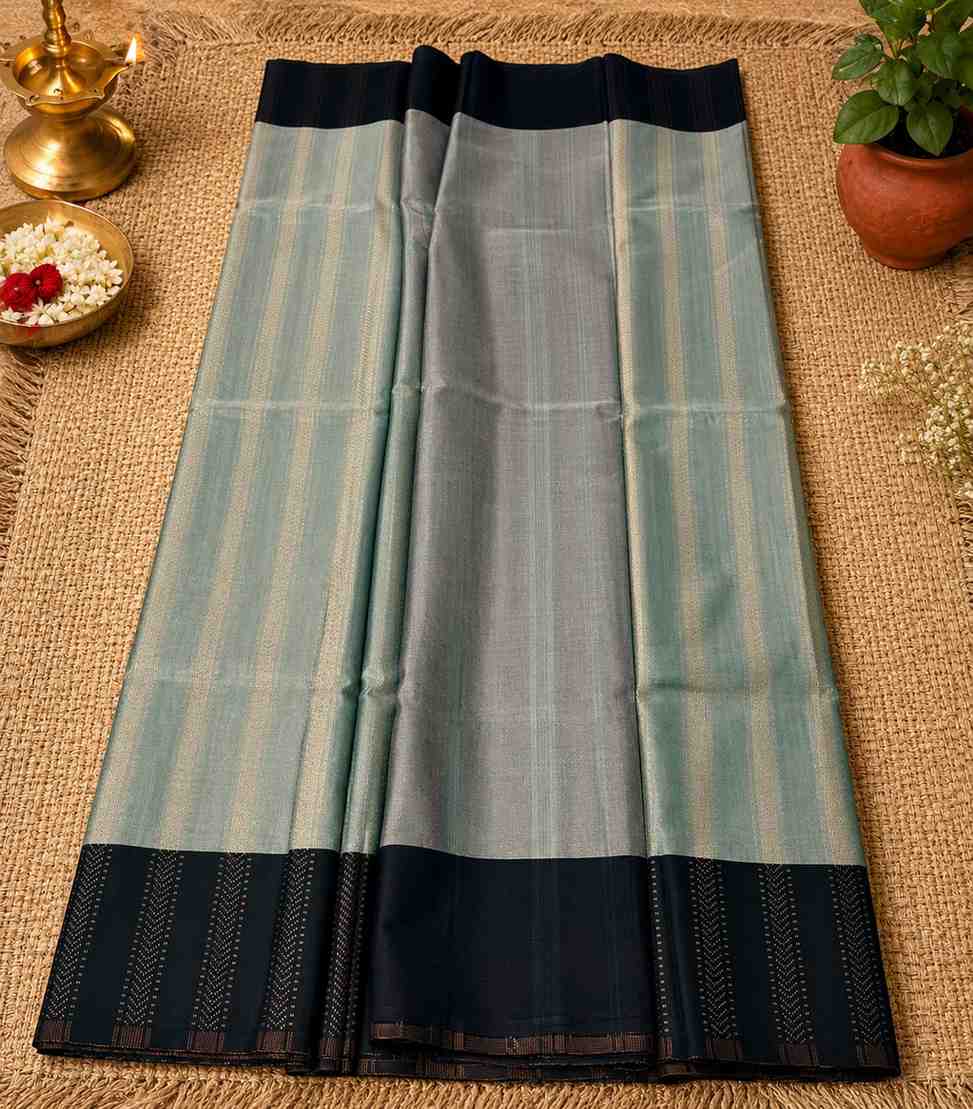 2221 Dual Tone Greyish Green Semi Silk Saree with Contrast  Zari Border