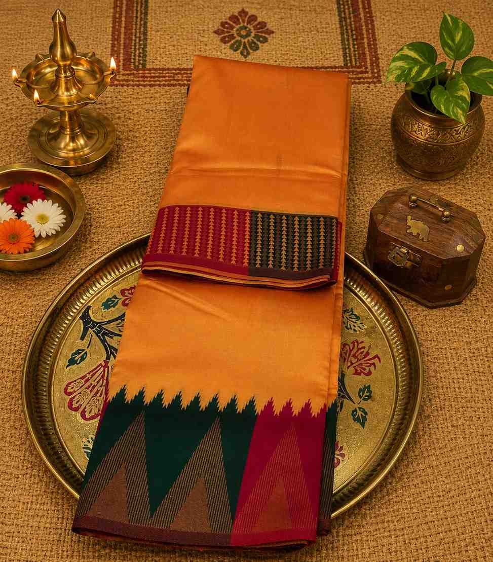 2223 Sunset Orange Kanchipuram Semi Silk Saree With Temple Motif Border