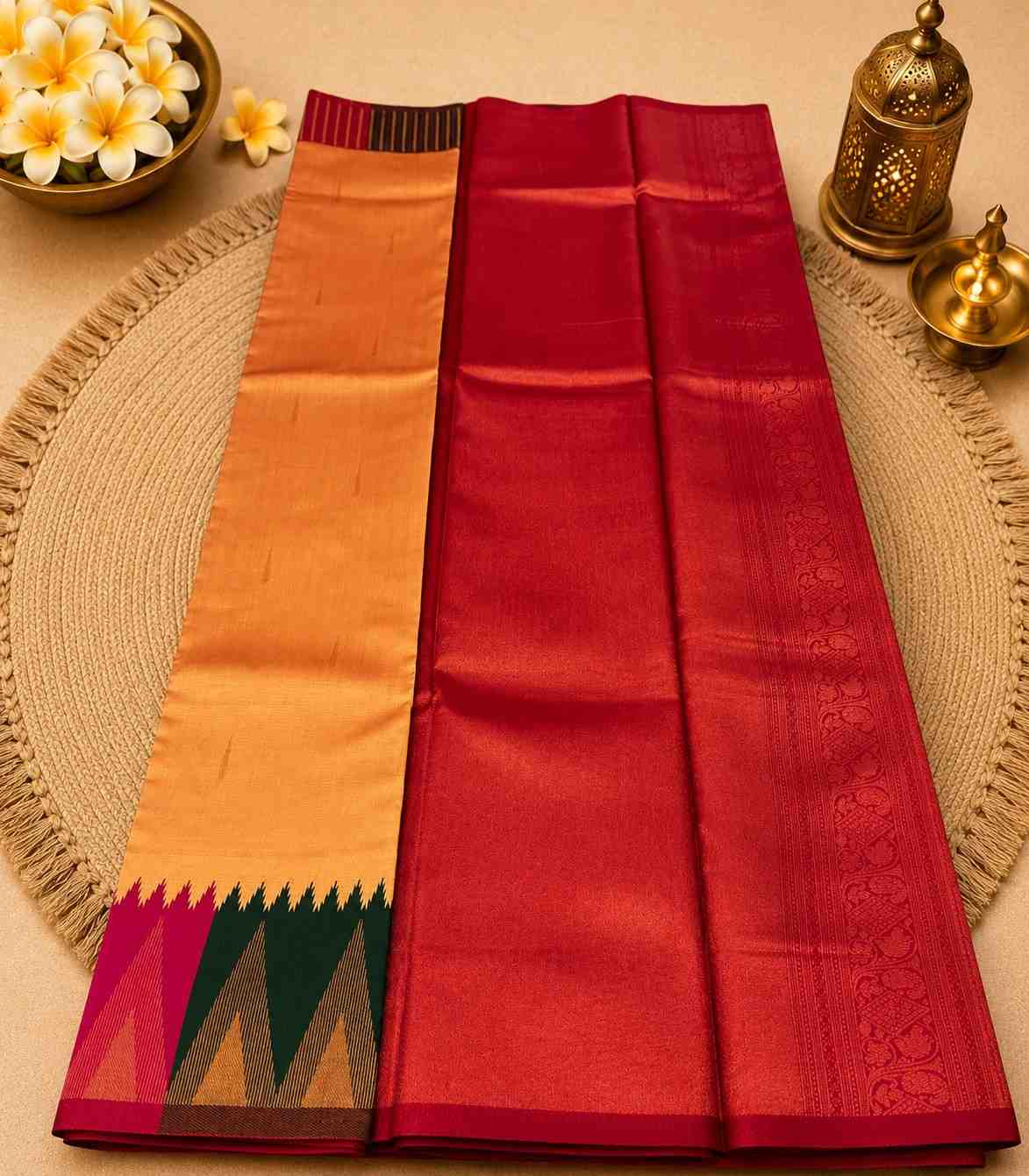 2223 Sunset Orange Kanchipuram Semi Silk Saree With Temple Motif Border
