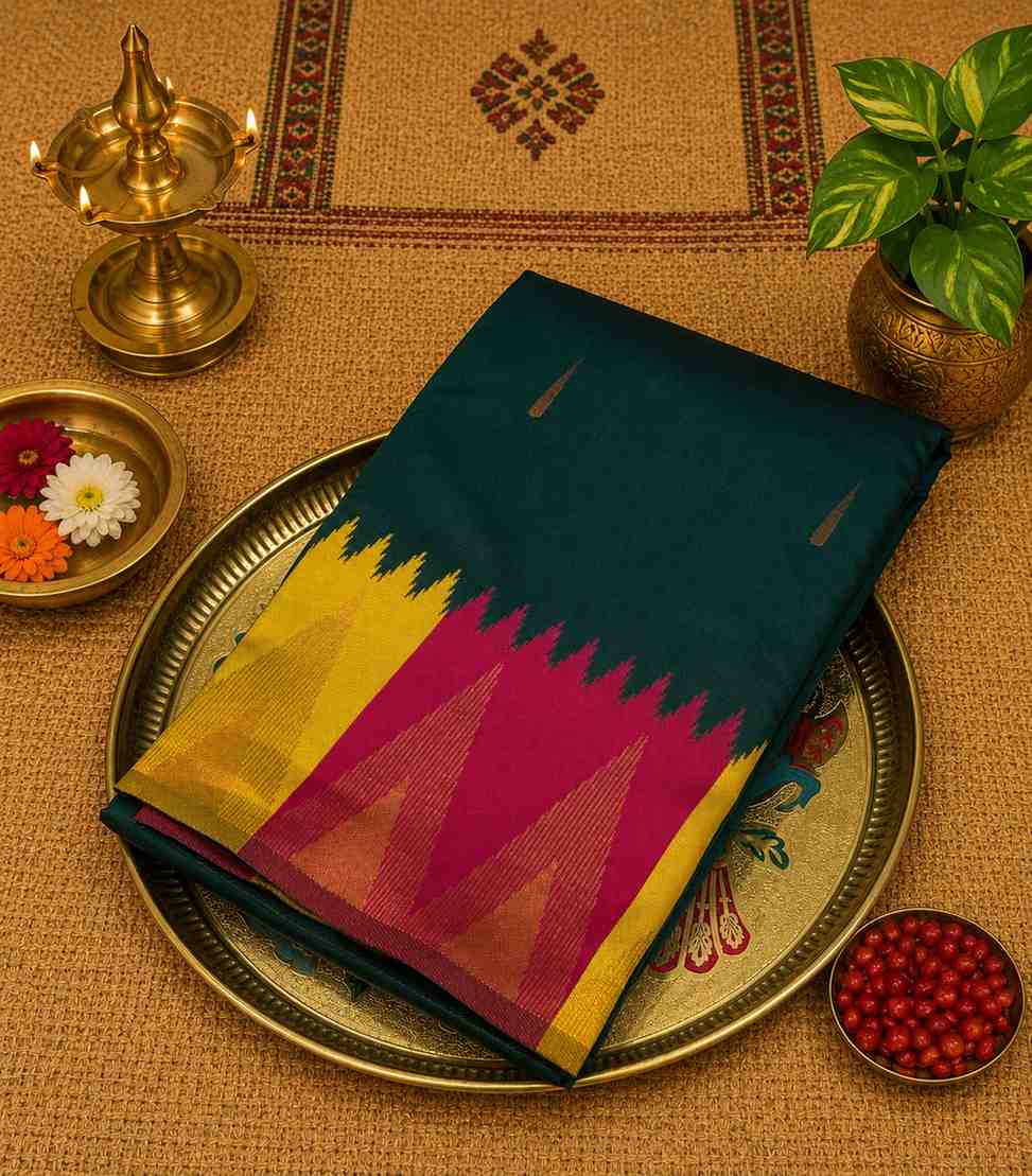2224 Bottle Green Kanchipuram Semi Silk Saree With Temple Motif Border