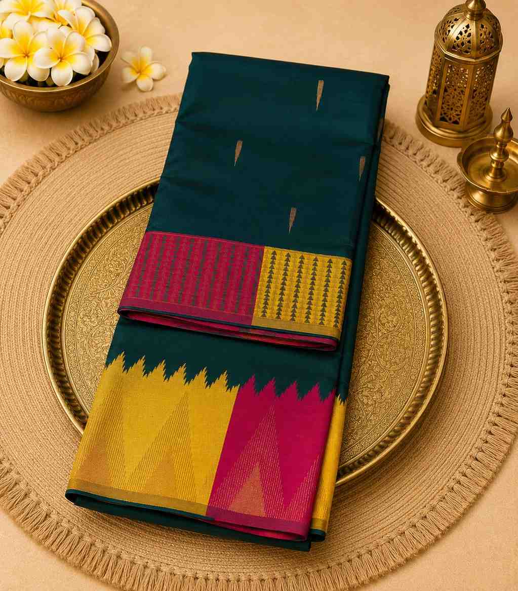 2224 Bottle Green Kanchipuram Semi Silk Saree With Temple Motif Border