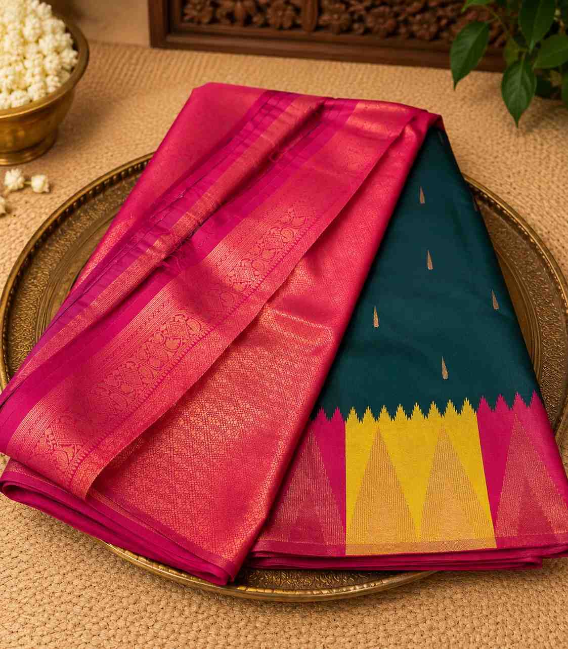 2224 Bottle Green Kanchipuram Semi Silk Saree With Temple Motif Border