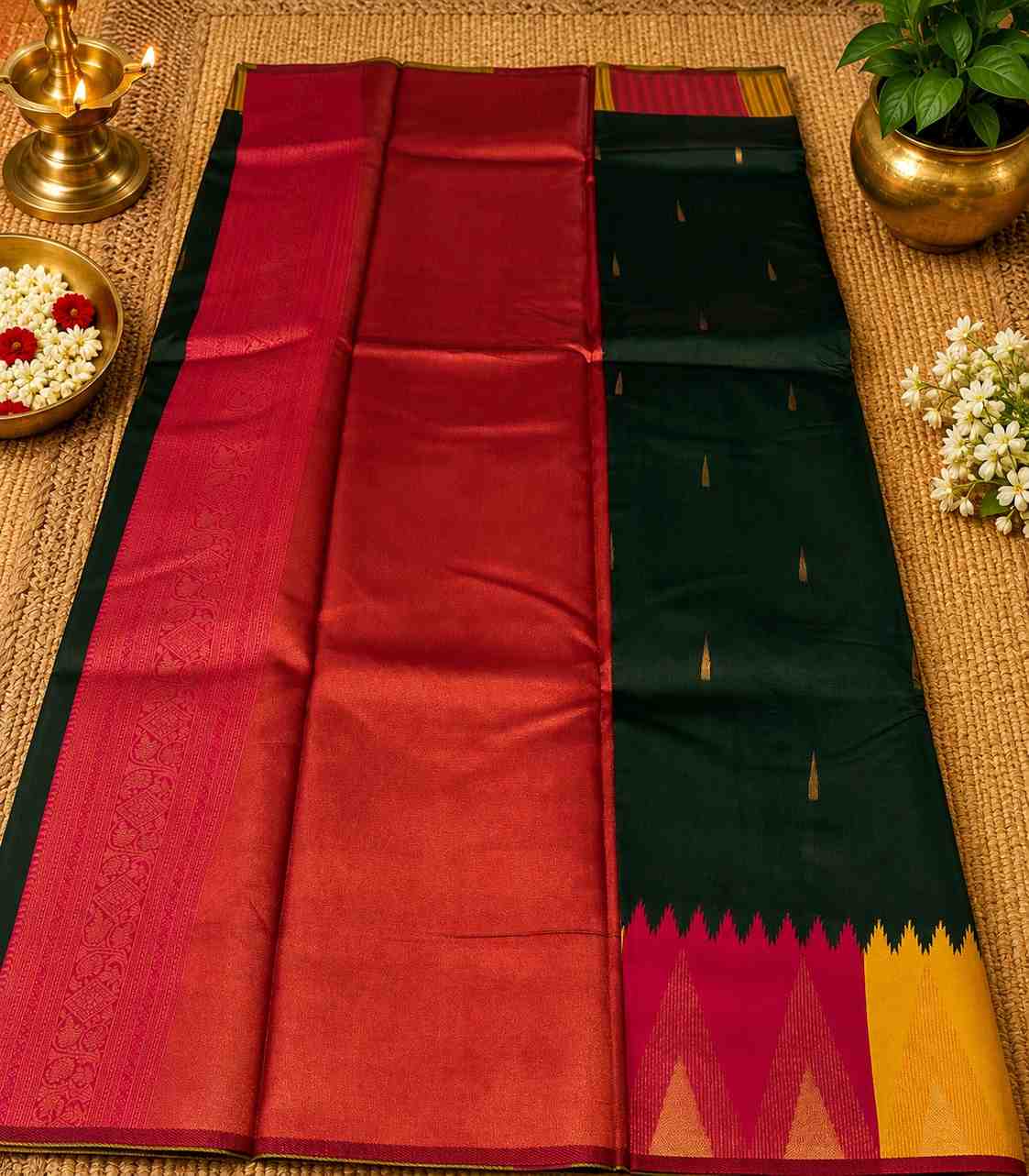 2224-bottle-green-kanchipuram-semi-silk-saree-with-temple-motif-border