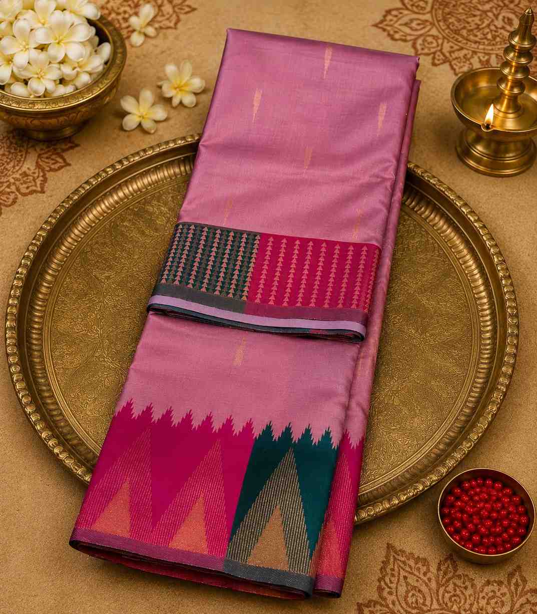 2225 Mauve-Pink Kanchipuram Semi Silk Saree With Temple Motif Border and Deep Bronze-Brown Pallu