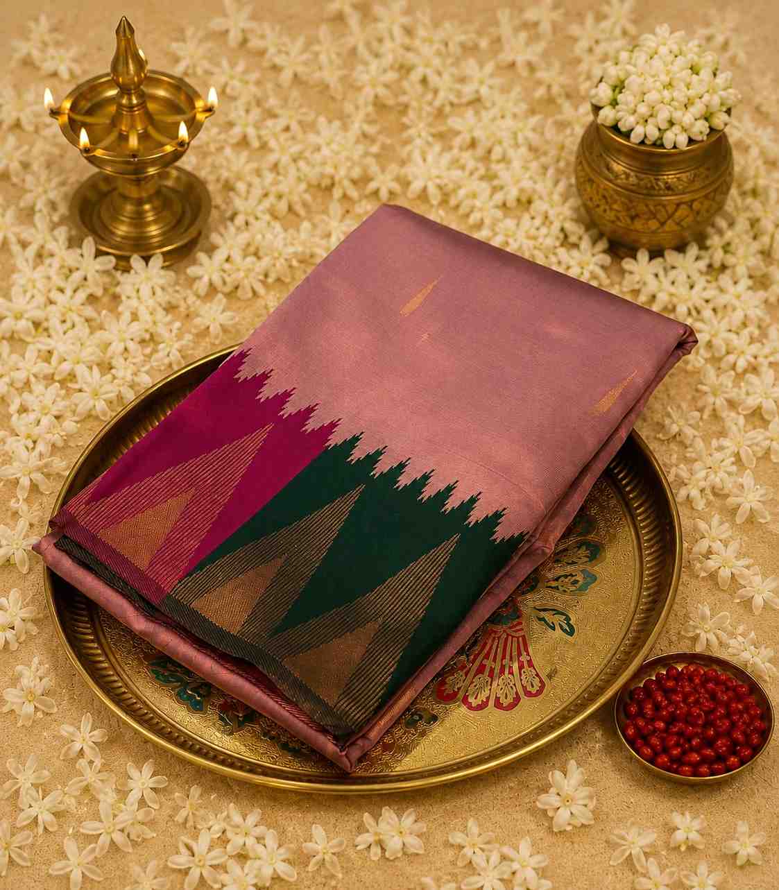 2225 Mauve-Pink Kanchipuram Semi Silk Saree With Temple Motif Border and Deep Bronze-Brown Pallu