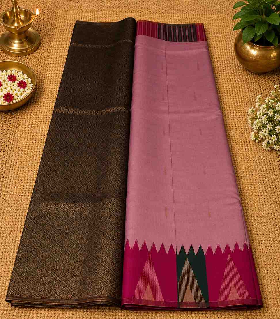 2225 Mauve-Pink Kanchipuram Semi Silk Saree With Temple Motif Border and Deep Bronze-Brown Pallu