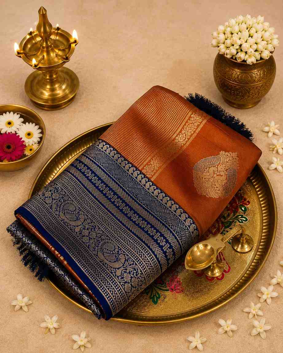 2226 Rust Orange Kanchipuram Semi Silk Saree Combined with Deep Navy Blue Pallu