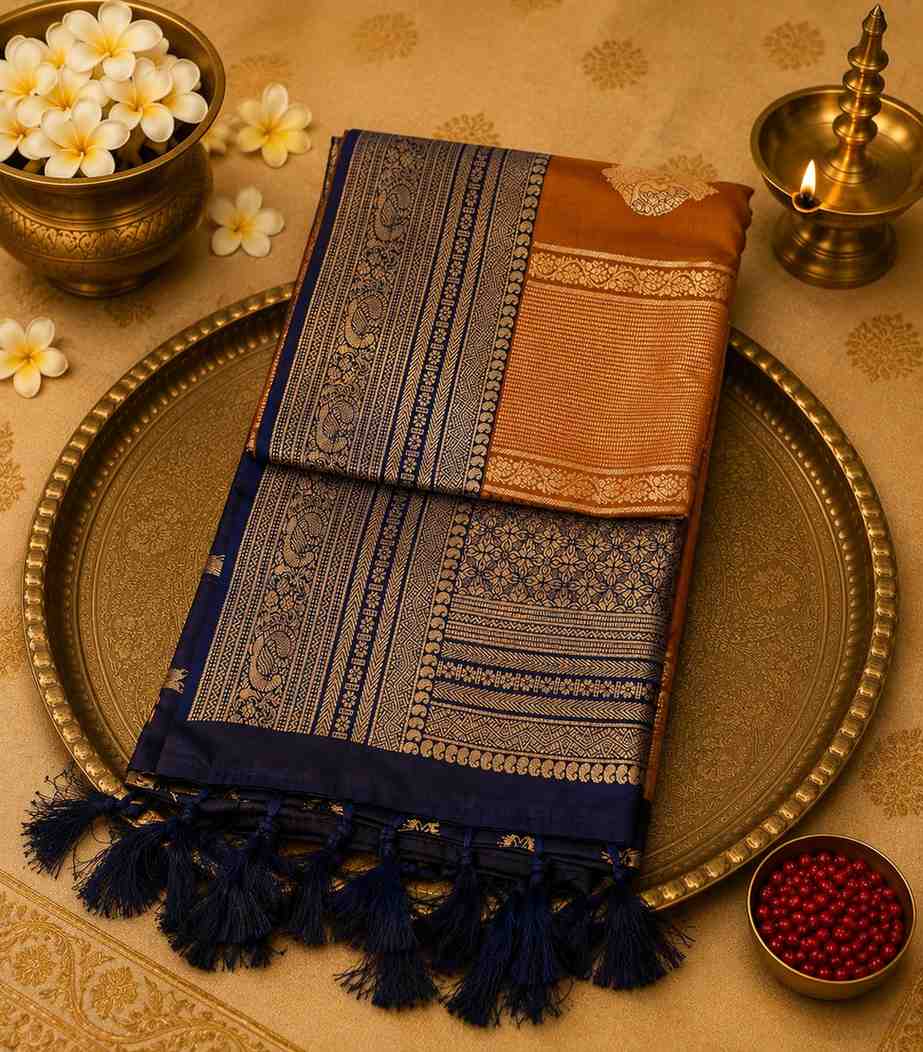 2226 Rust Orange Kanchipuram Semi Silk Saree Combined with Deep Navy Blue Pallu