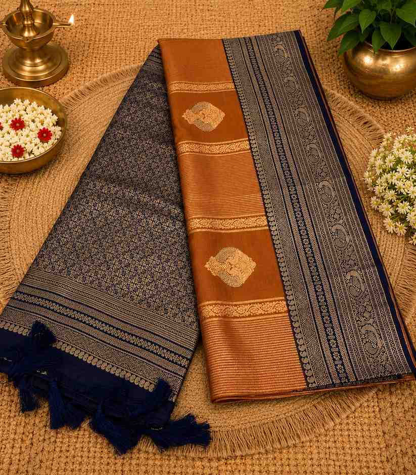 2226-Rust-Orange Kanchipuram Silk Saree combined with a deep Navy Blue Pallu.