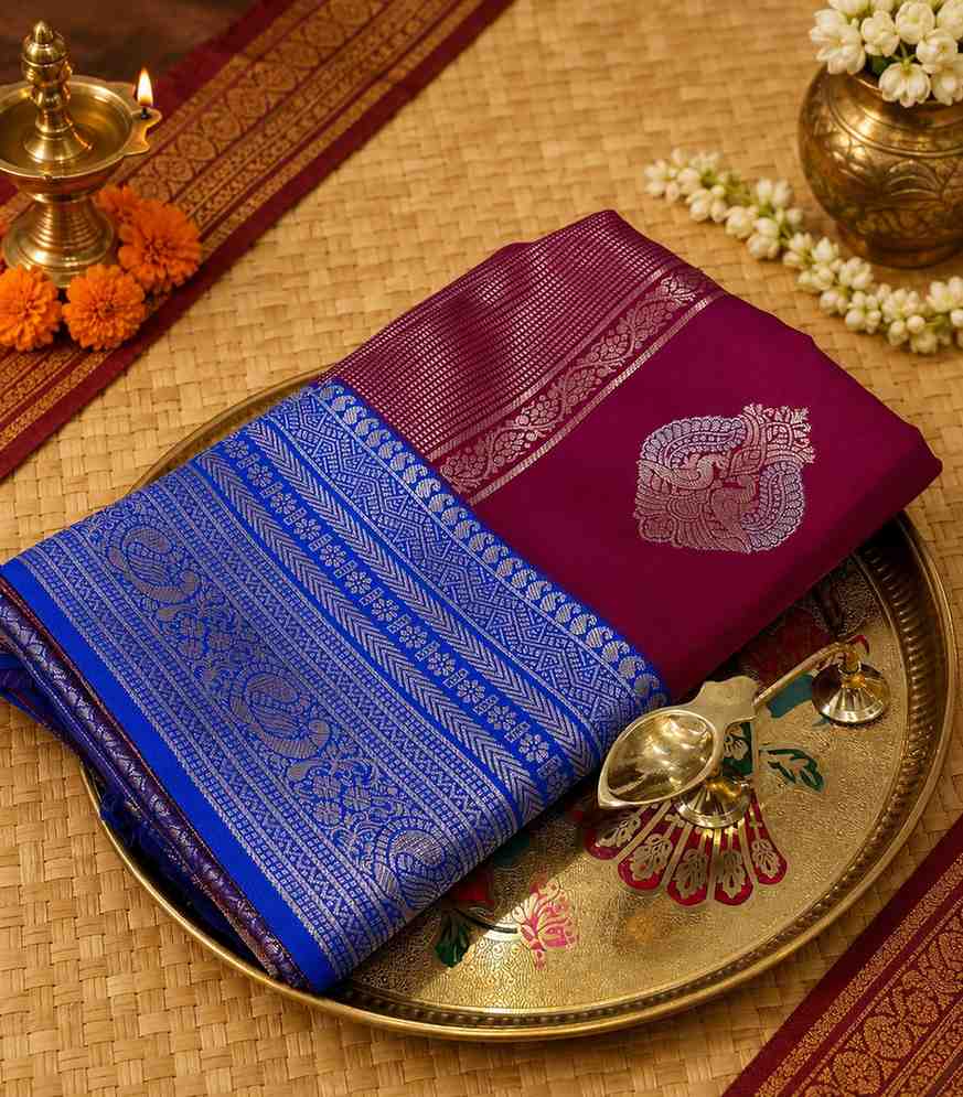 2227 Vibrant Magenta Base Semi Silk Saree Contrasted with Royal Blue Pallu