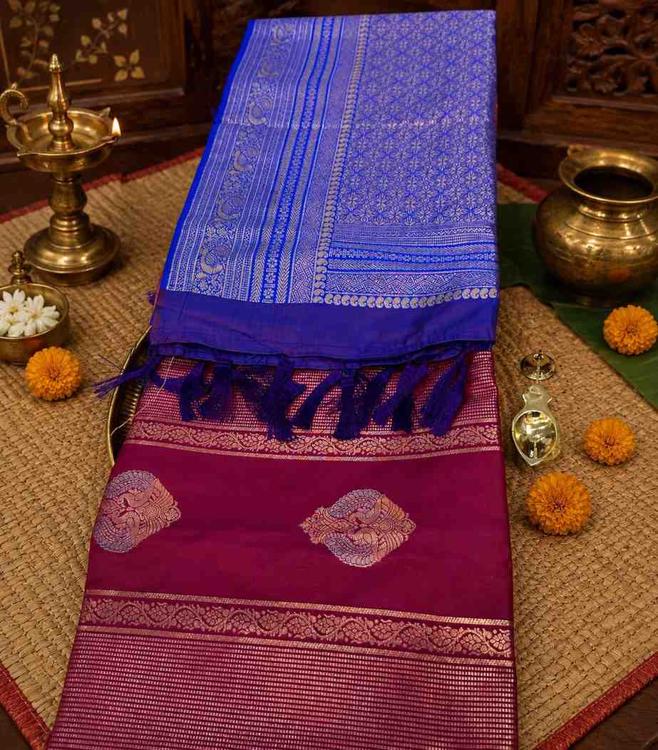 2227 Vibrant Magenta Base Semi Silk Saree Contrasted with Royal Blue Pallu