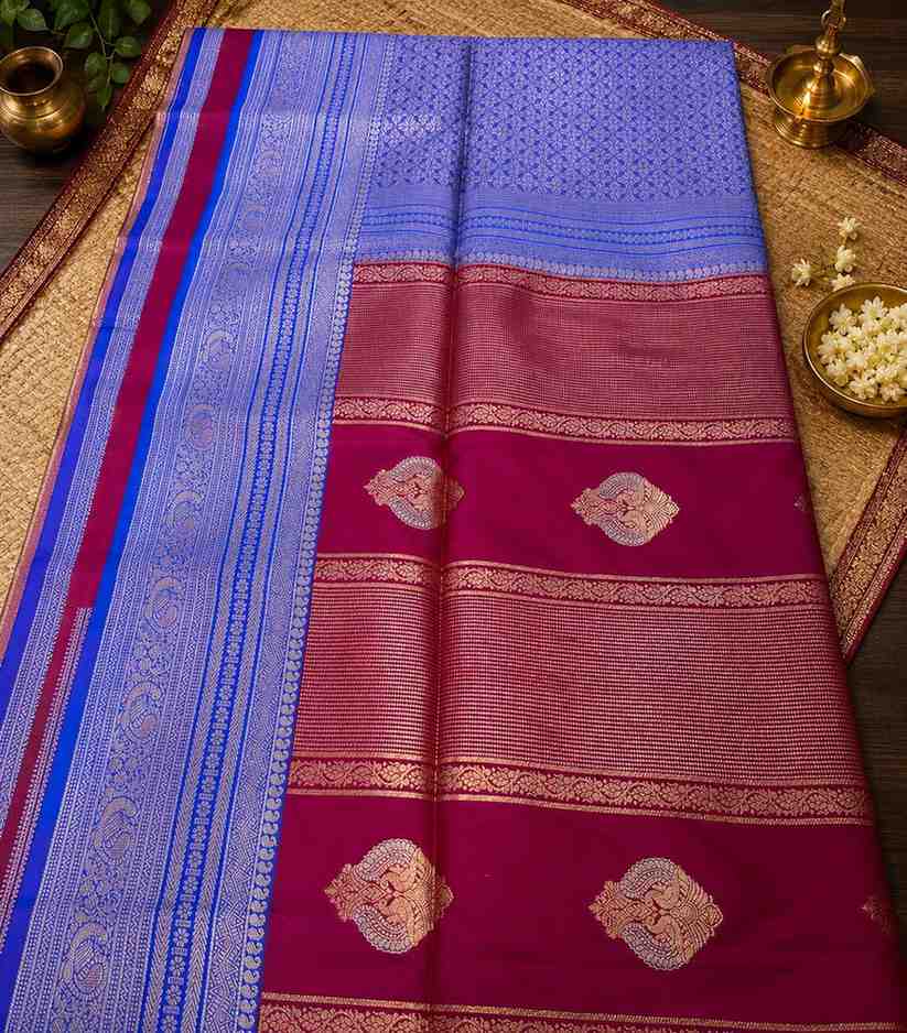 2227 Vibrant Magenta Base Semi Silk Saree Contrasted with Royal Blue Pallu