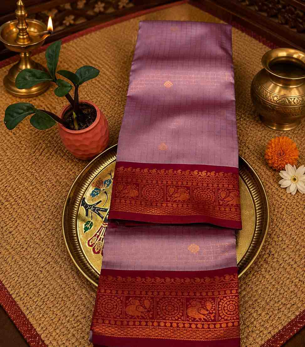 2228 Lavender Body Kanchipuram Semi Silk Saree with Traditional Peacock Motifs and Gold Zari Checks