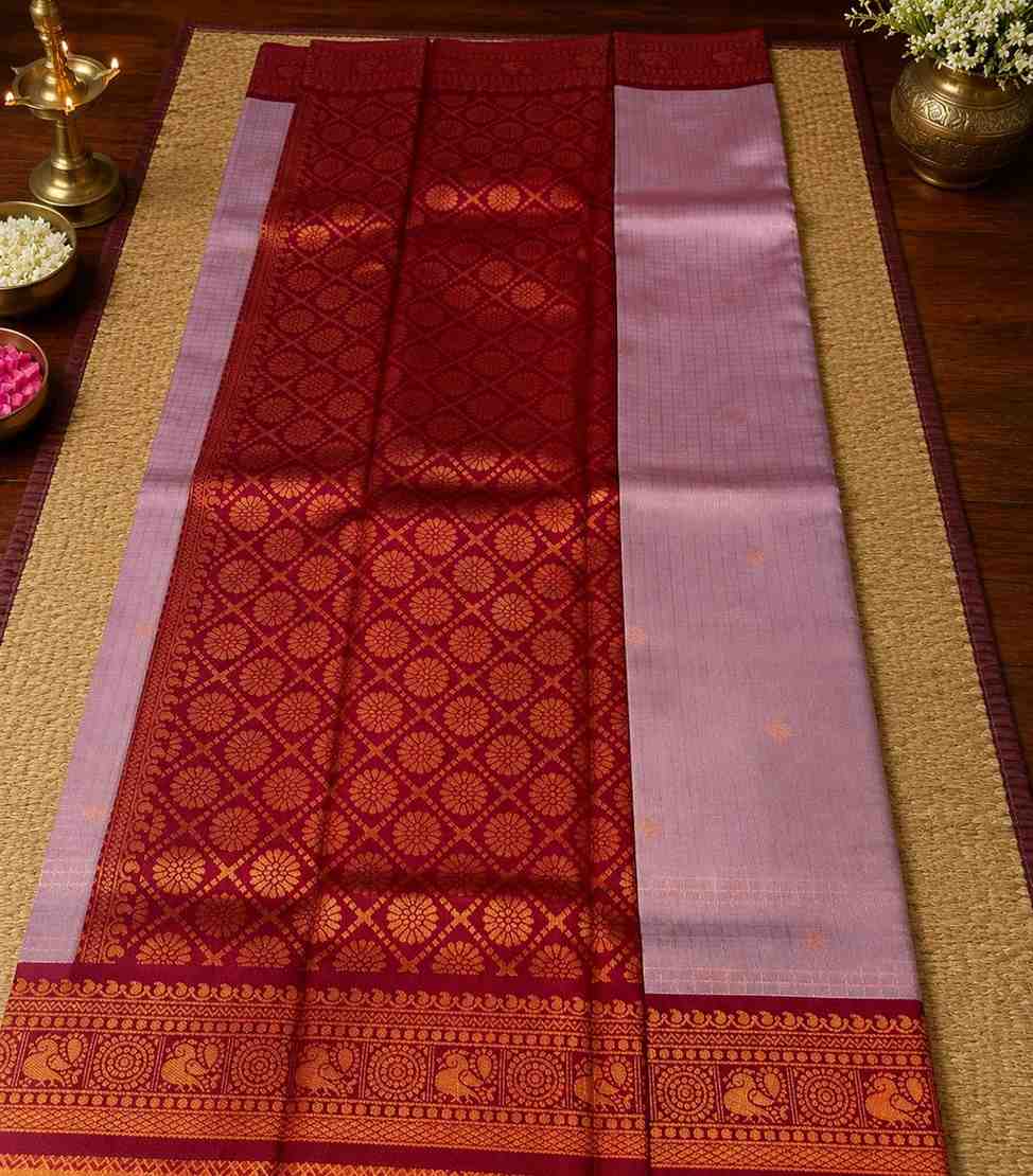 2228-Lavender Kanchipuram Semi Silk Saree with Traditional Peacock Motifs and Gold Zari Checks