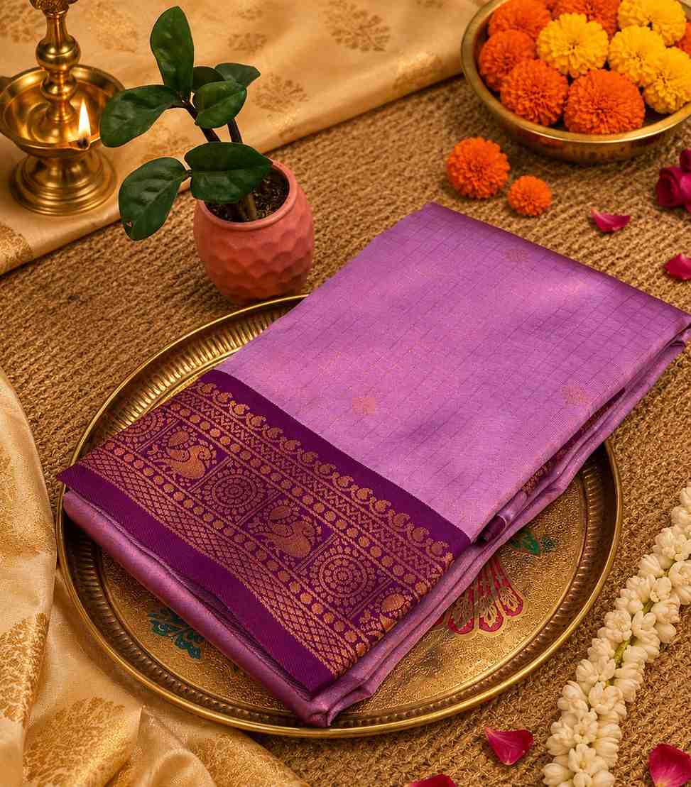 2229 Exquisite Lavender Body Kanchipuram Semi Silk Saree with Contrast Purple Zari Border