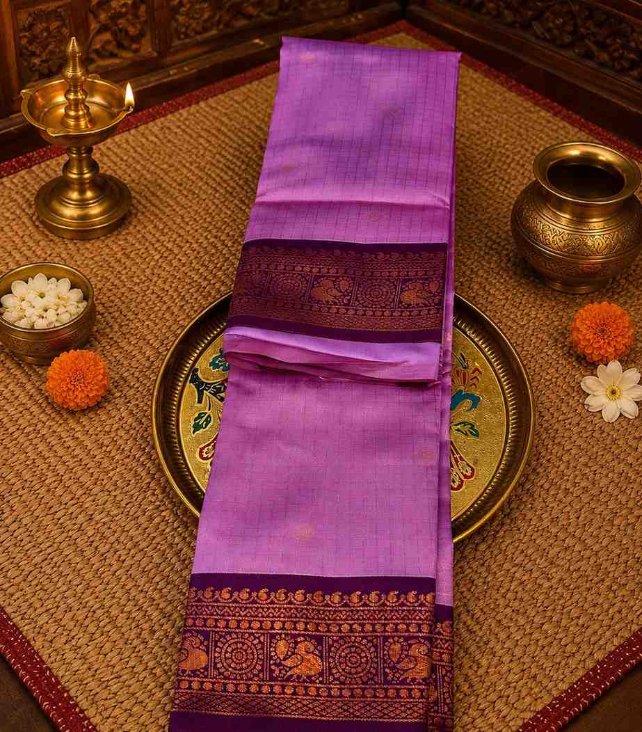 2229 Exquisite Lavender Body Kanchipuram Semi Silk Saree with Contrast Purple Zari Border