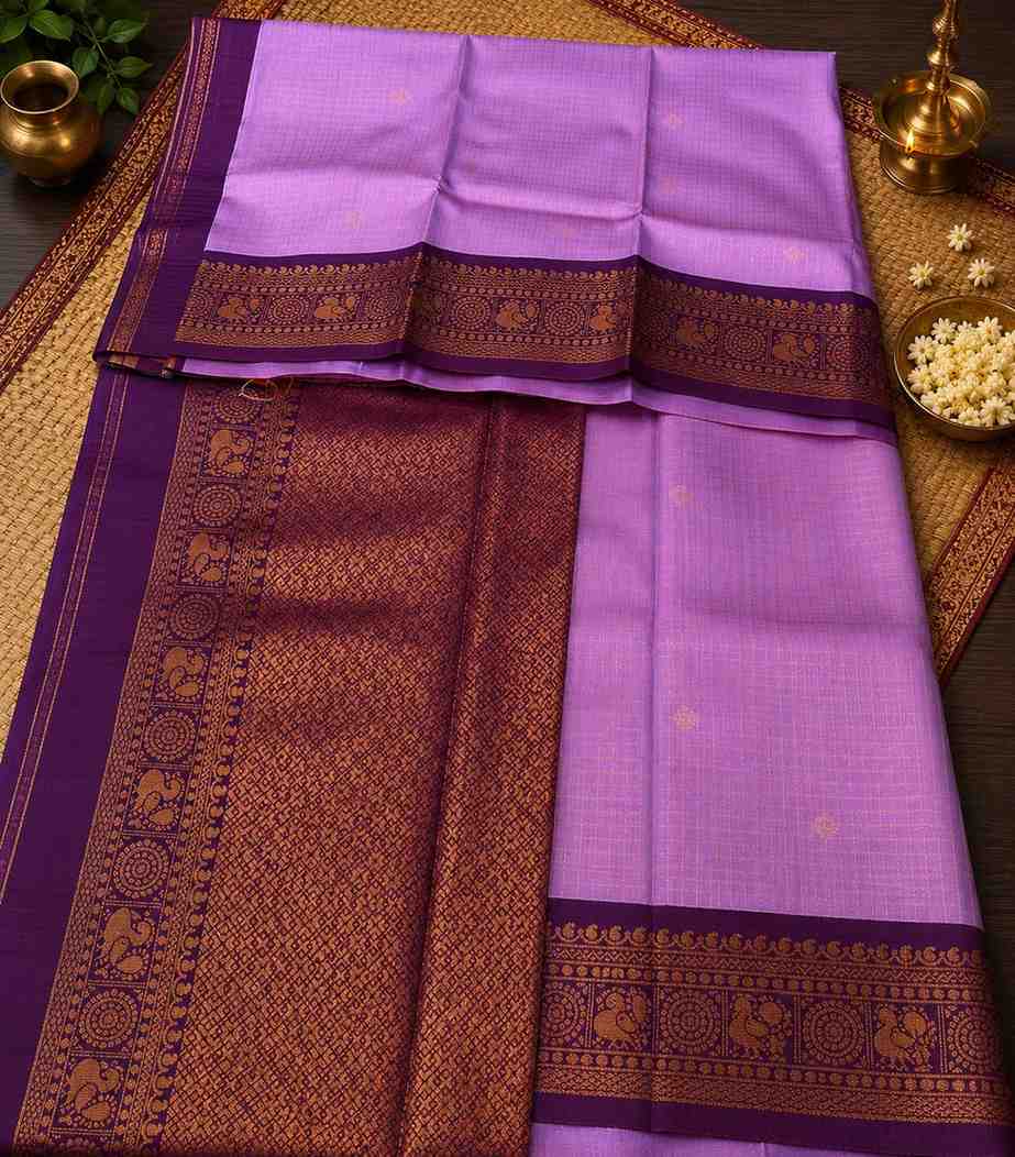 2229 Exquisite Lavender Body Kanchipuram Semi Silk Saree with Contrast Purple Zari Border