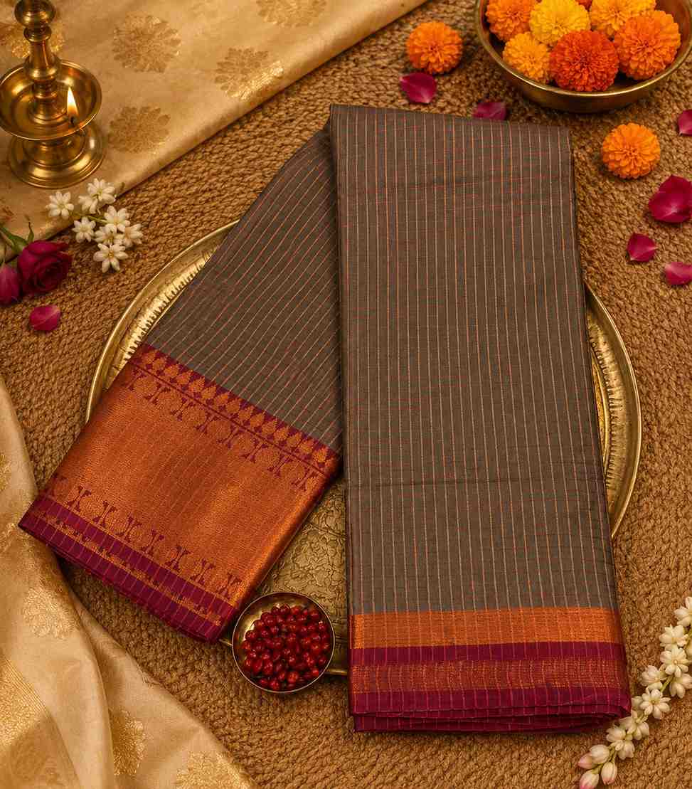 2230 Dual-Tone Saree in Steel Gray with Rust Copper Border