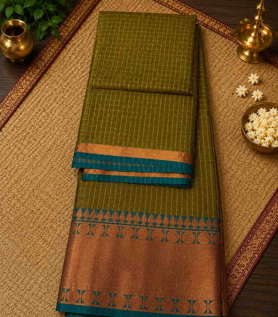 2231 Dual-Tone Saree in Olive Green with Rust Copper Border
