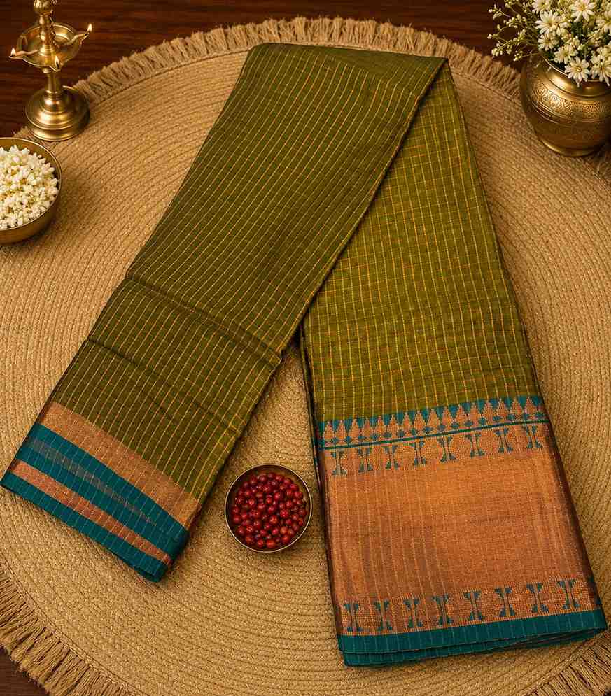 2231 Dual-Tone Saree in Olive Green with Rust Copper Border