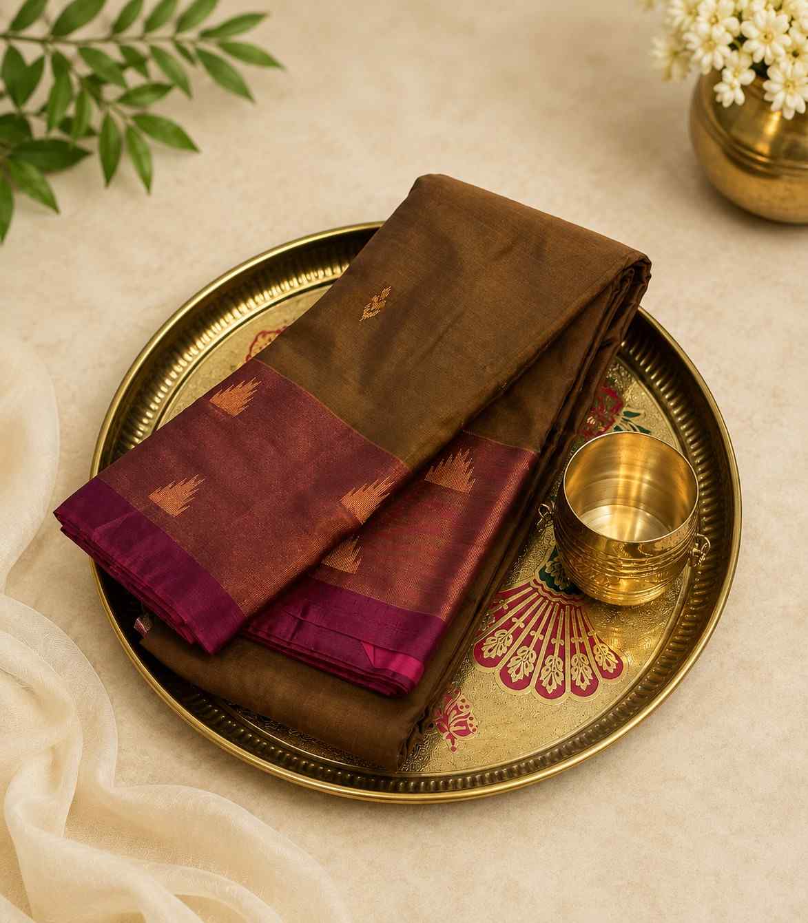 2233 Mehendi Green Cotton Silk Saree with Contrast Magenta Border