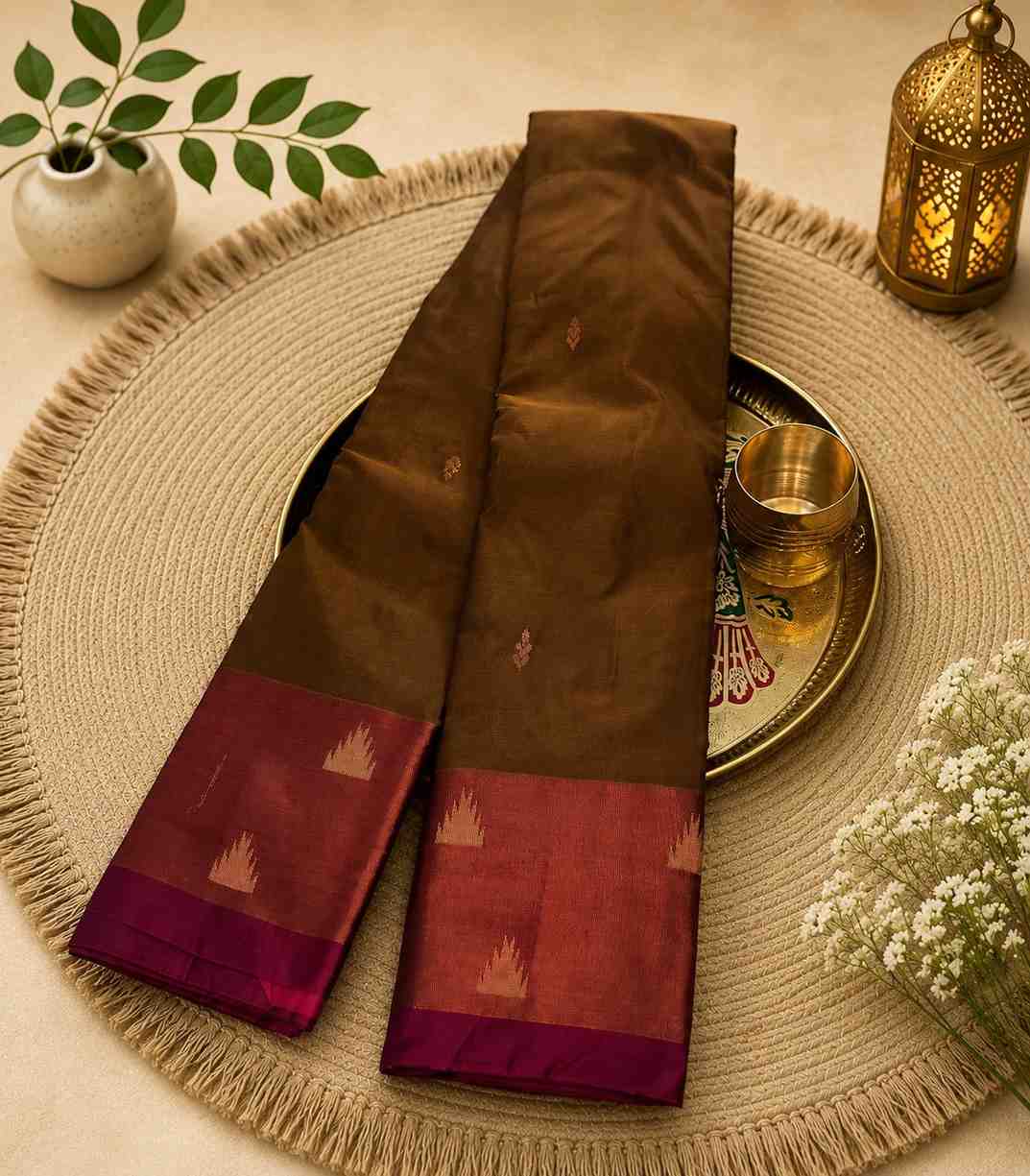 2233 Mehendi Green Cotton Silk Saree  with Contrast Magenta Border