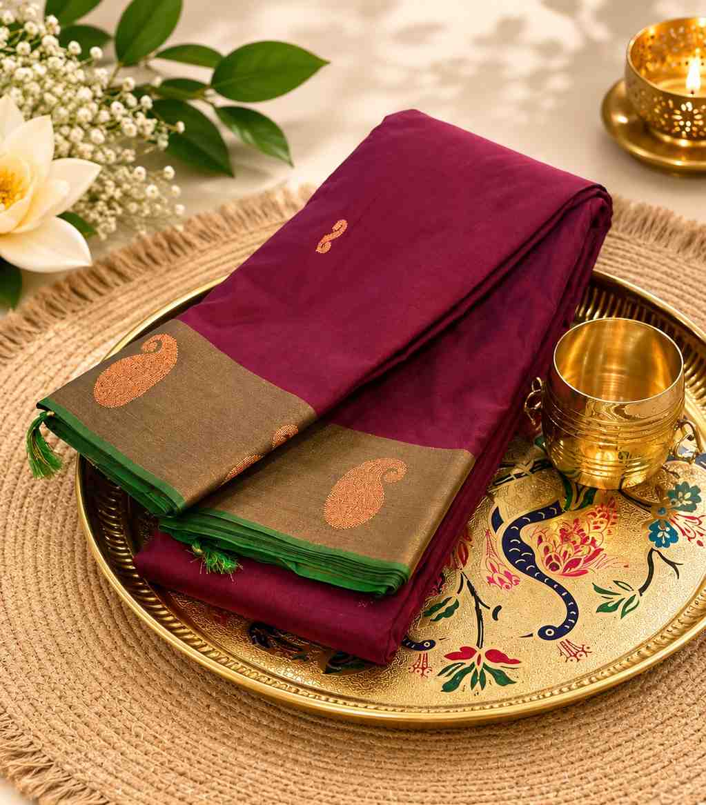 2234 Maroon Cotton Silk Saree with Contrast Green Border