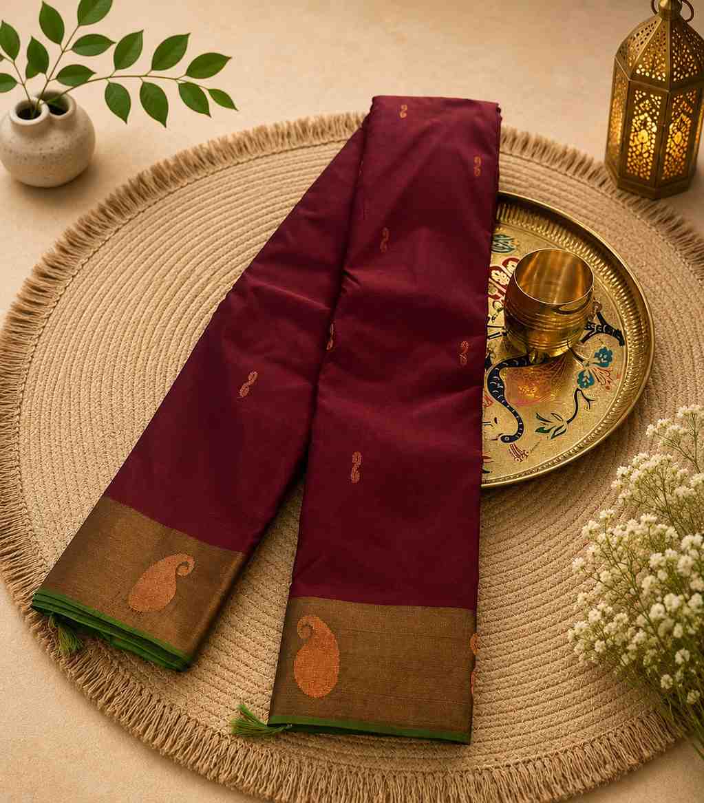 2234 Maroon Cotton Silk Saree with Contrast Green Border